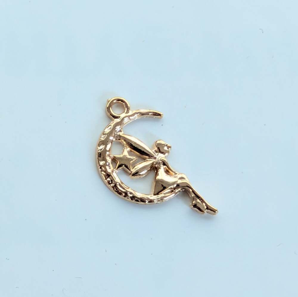 Vintage Gold Tone Fairy Moon Star Whimsigoth Cottage Mini Pendant Charm